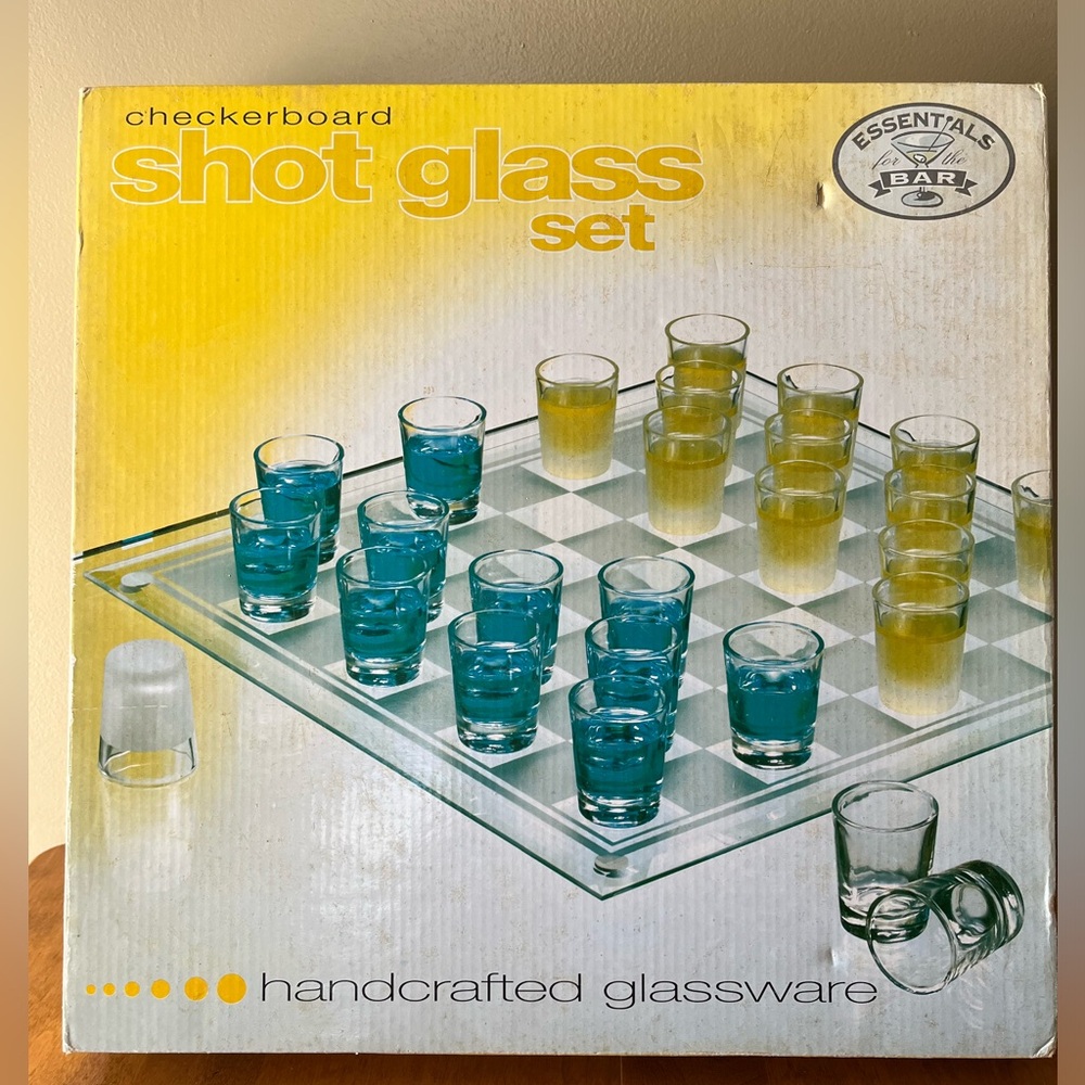 Checkerboard Shot Glass Set by Home Essentials. 14" Glass board + shot glasses